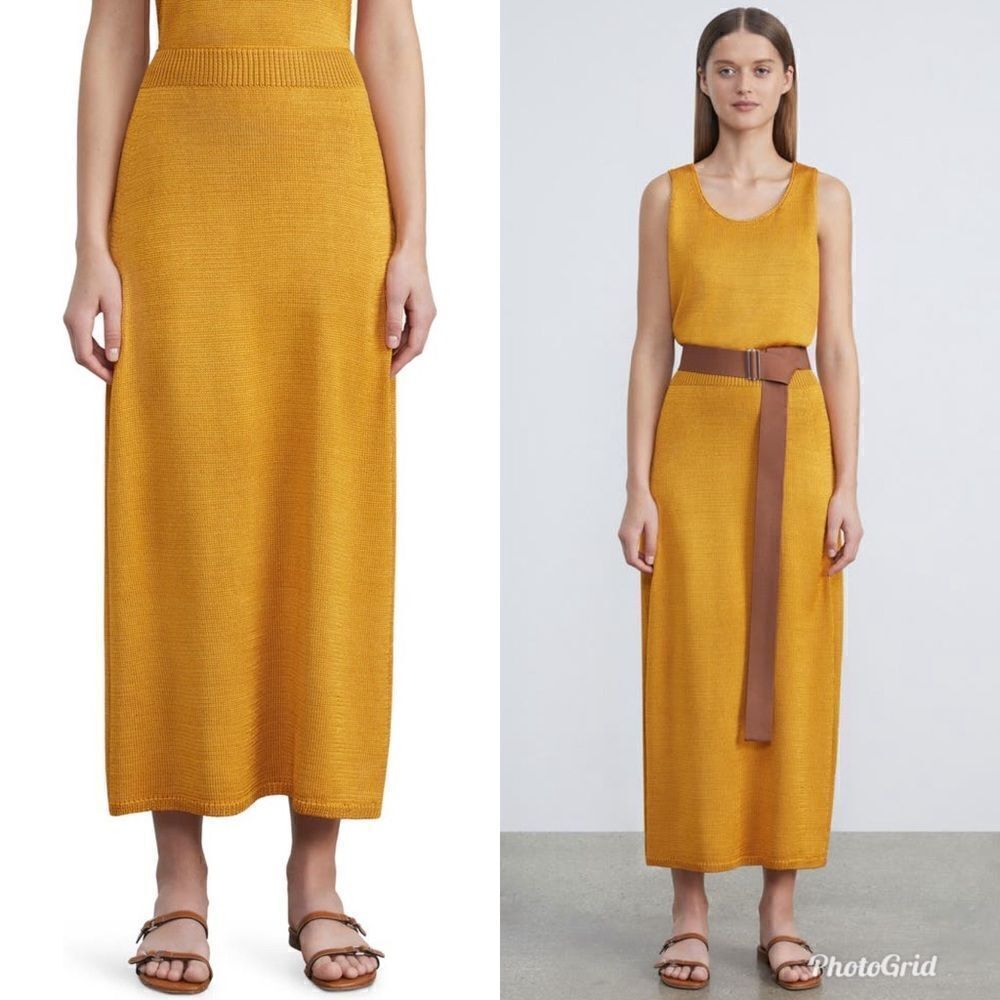 Revolve Lafayette 148 New York Gold Orange Tussah Silk Knit Midi Skirt Honeycomb